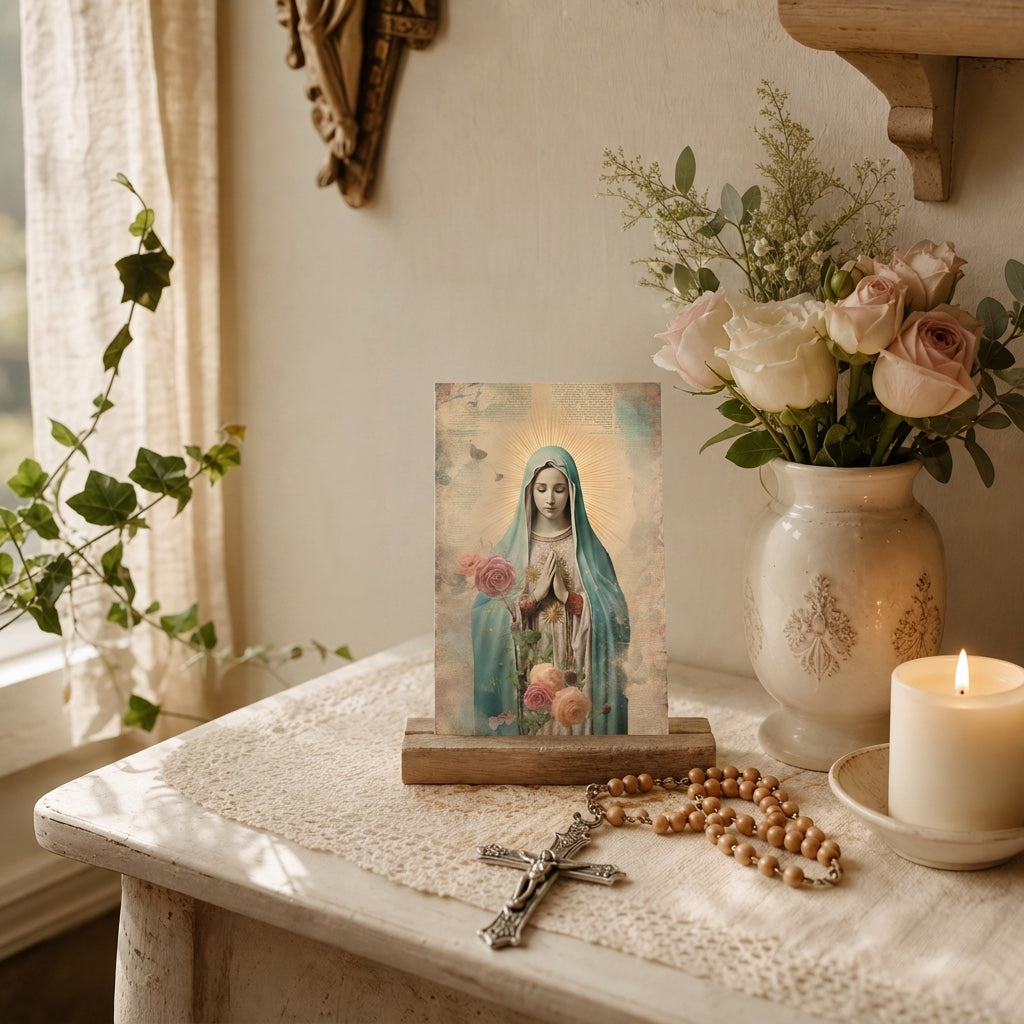 Our Lady of Fatima prayer card on a wooden stand with rosary, roses and candle in a Catholic prayer corner at home