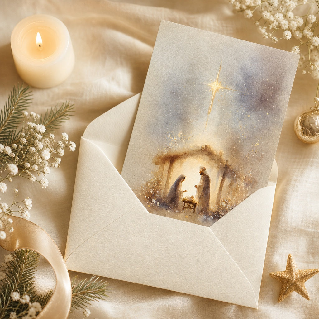Nativity Christmas prayer card in a cream envelope with pine, a gold star and candlelight