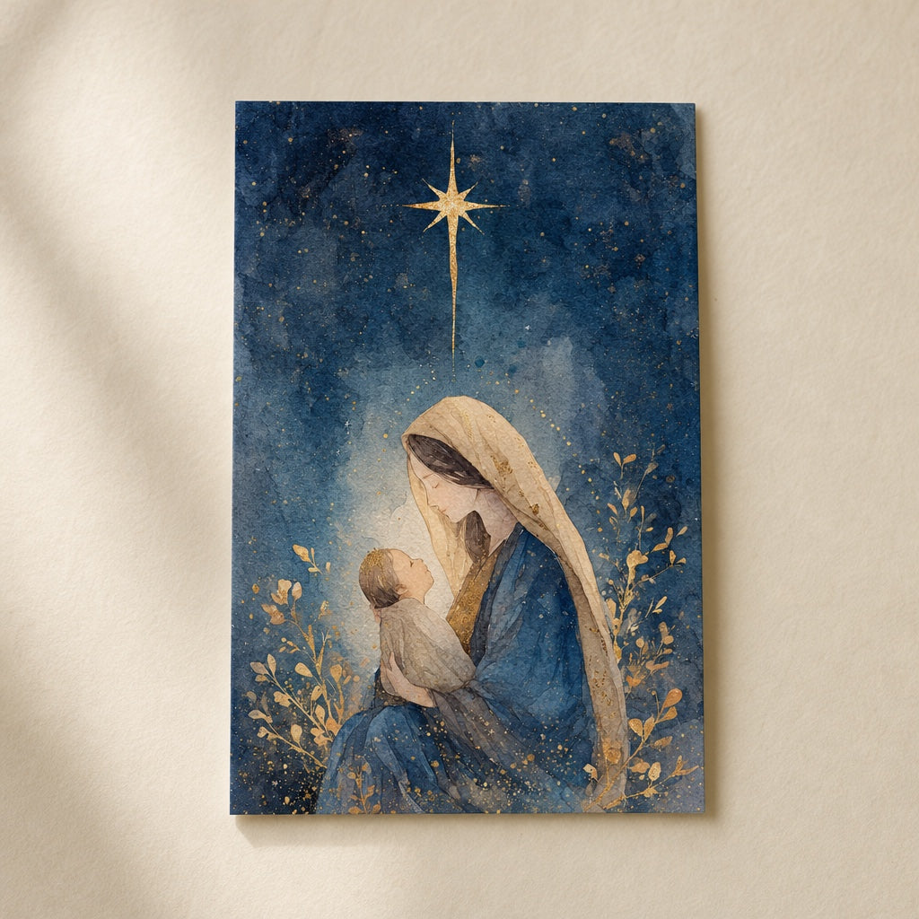 Virgin of the Midnight Star Christmas prayer card under a starry Bethlehem sky