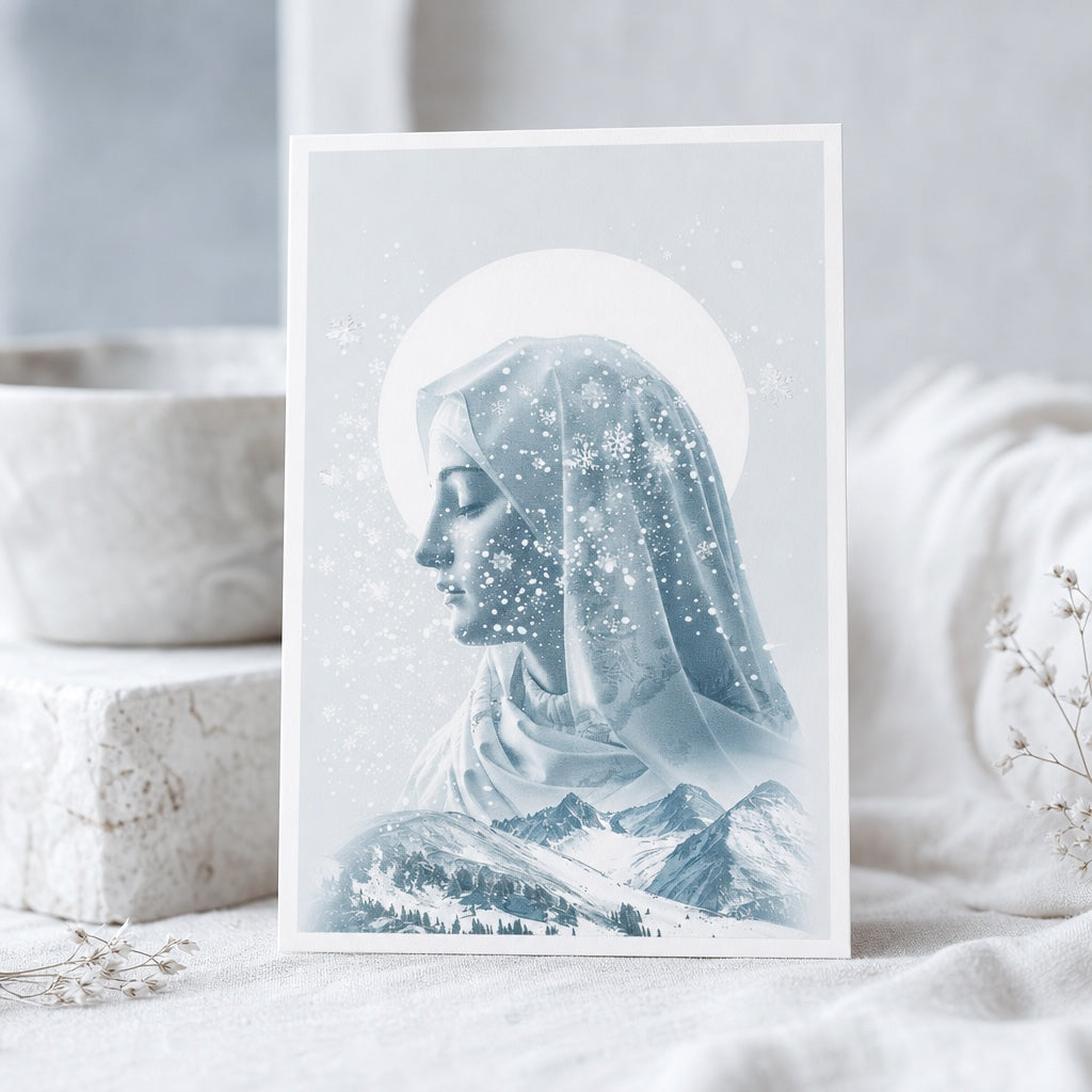 Our Lady of the Snows prayer card on white linen beside a marble bowl, soft winter blue Marian artwork