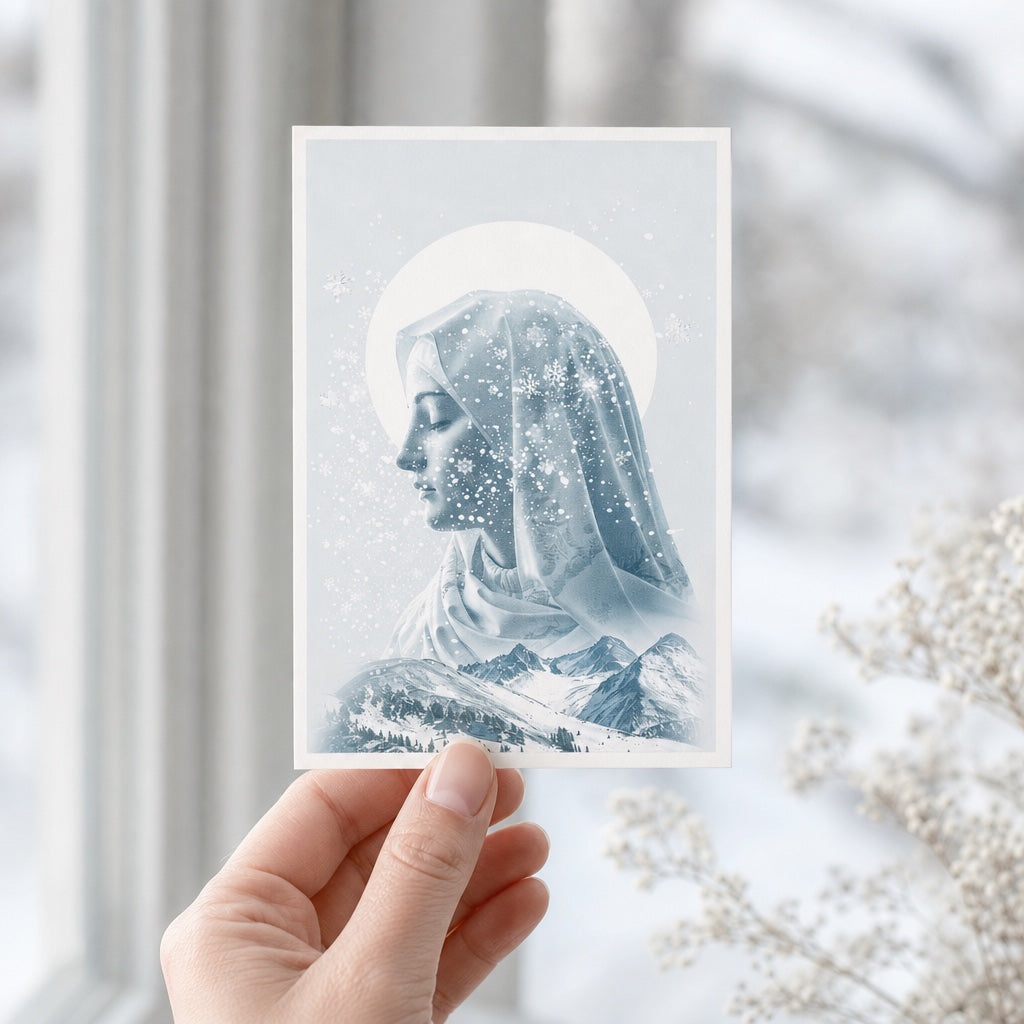 Hand holding a 4x6 Our Lady of the Snows prayer card in front of a snowy window