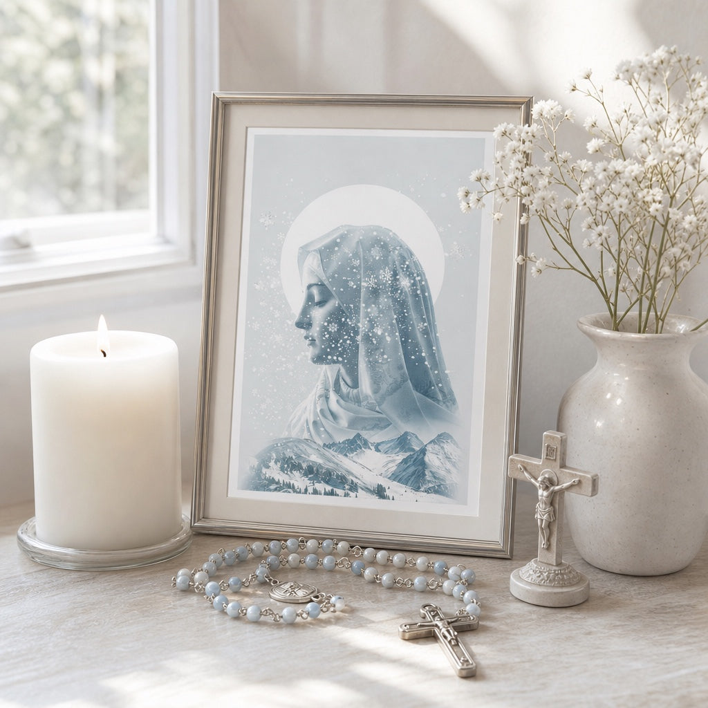 Framed Our Lady of the Snows print on a home altar with candle, rosary and crucifix