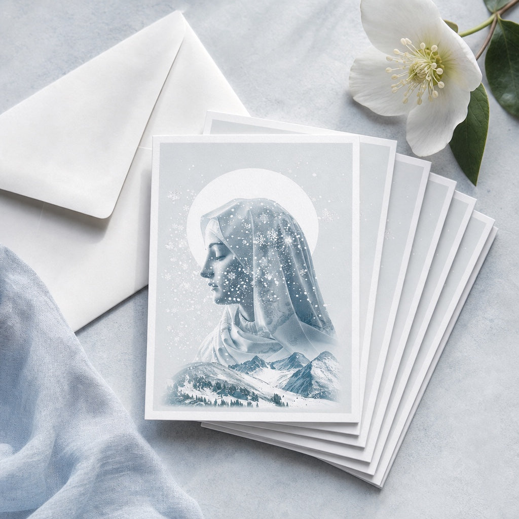 Set of Our Lady of the Snows prayer cards fanned out with an envelope and a white hellebore flower