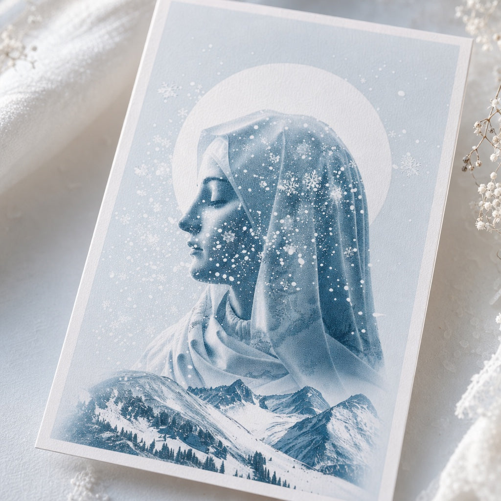 Close-up of veiled Virgin Mary with halo, falling snow and alpine mountains, Our Lady of the Snows art