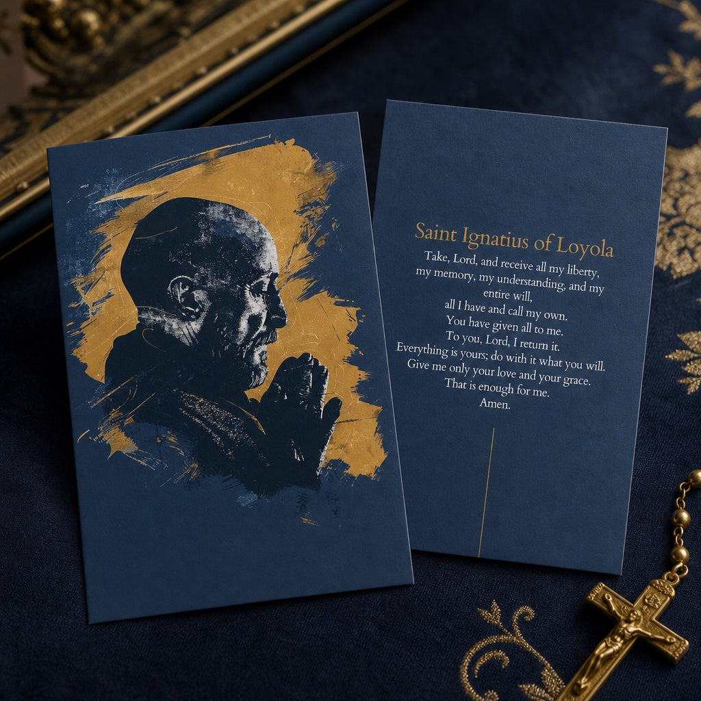 Saint Ignatius of Loyola prayer card front and back with Suscipe prayer text