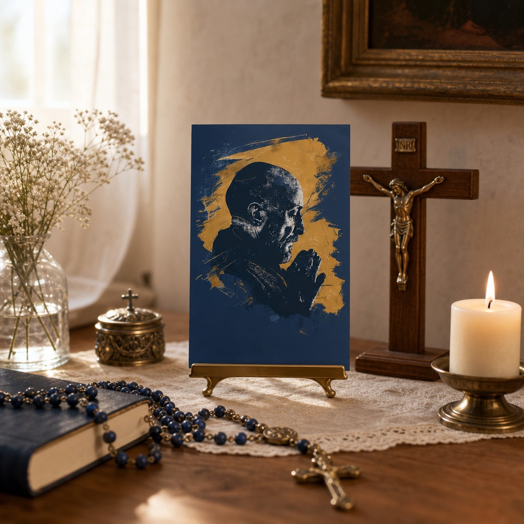 aint Ignatius of Loyola holy card displayed on altar with rosary and crucifix
