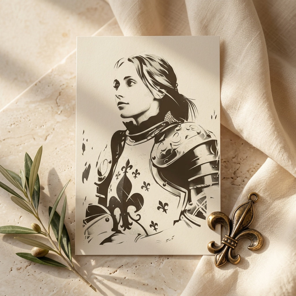 Saint Joan of Arc prayer card in armor with fleur-de-lis on linen with olive branch