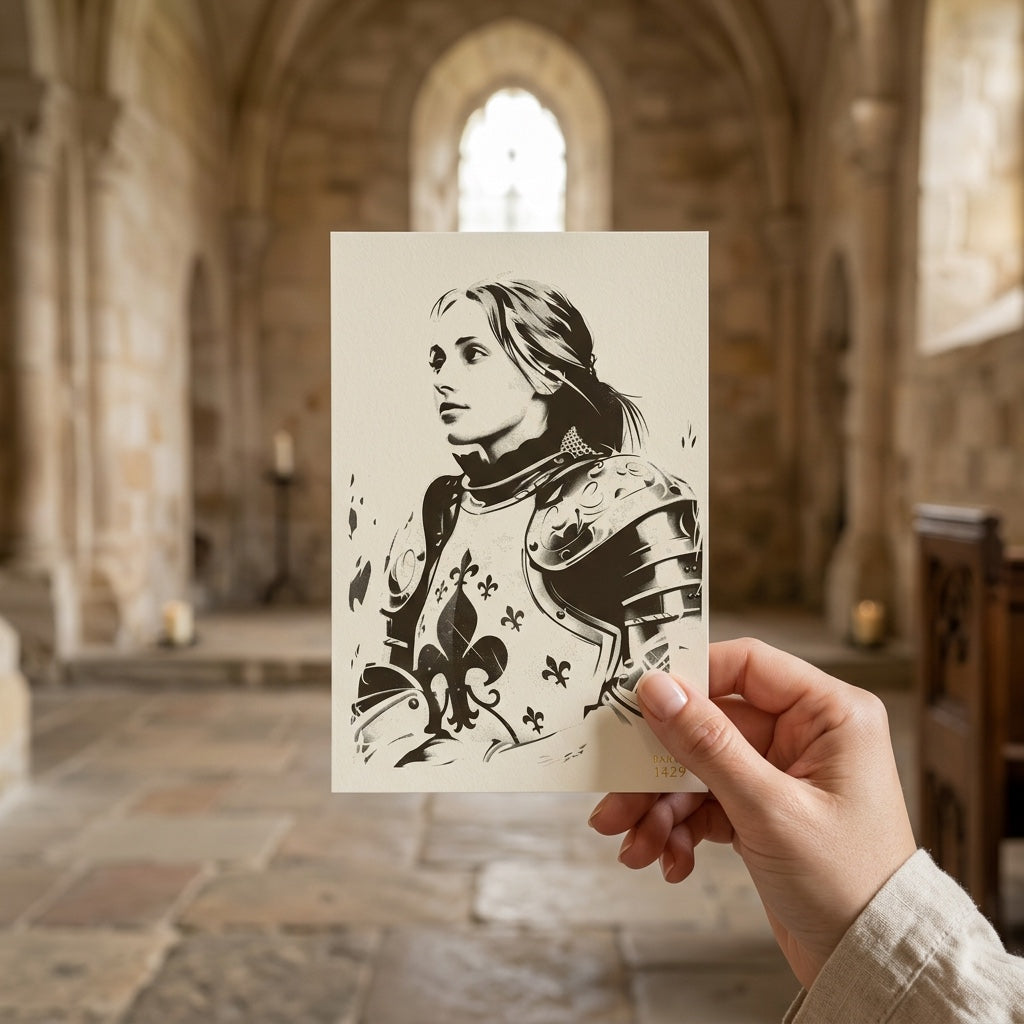 Hand holding Saint Joan of Arc prayer card inside a medieval church