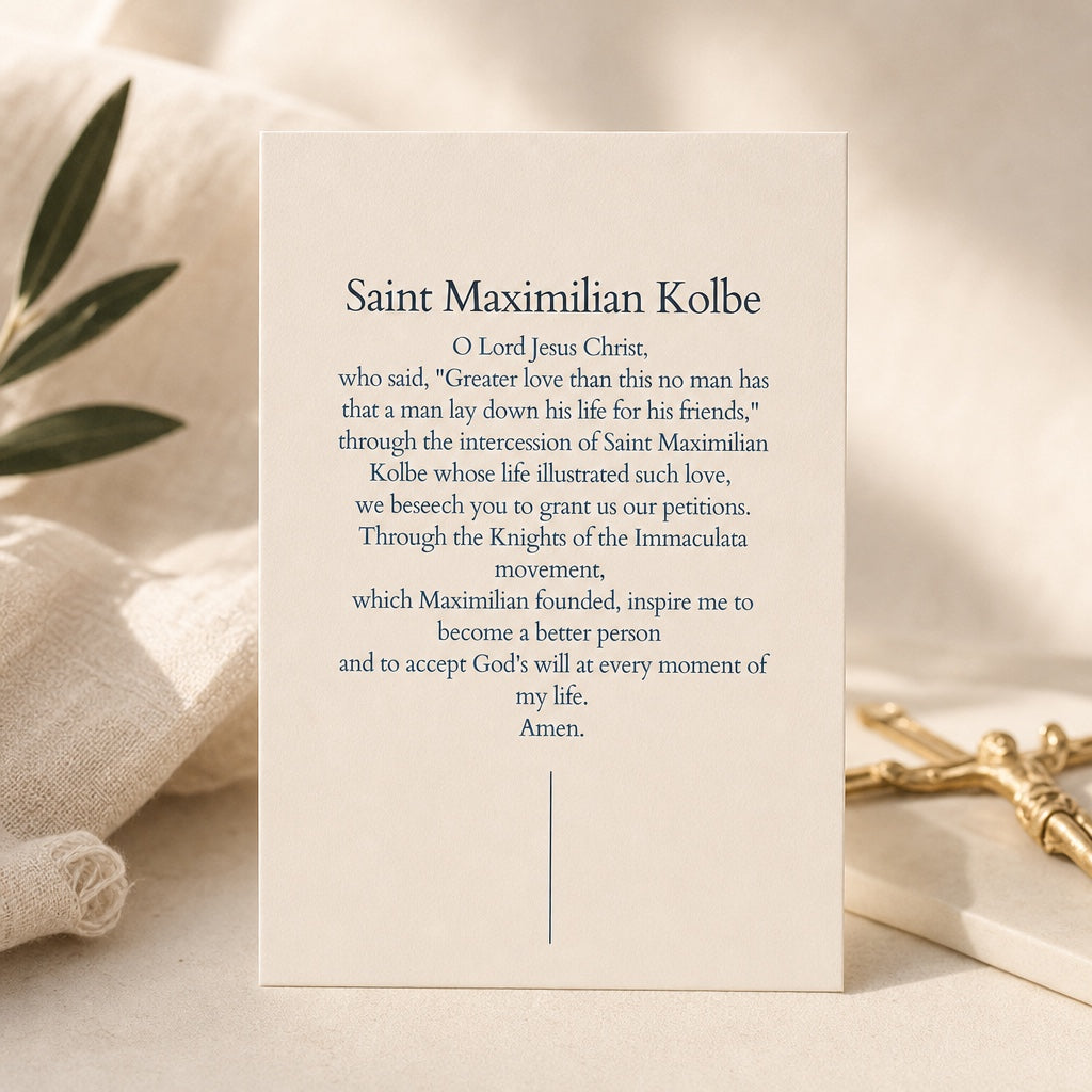 Back of Saint Maximilian Kolbe prayer card showing the prayer for his intercession
