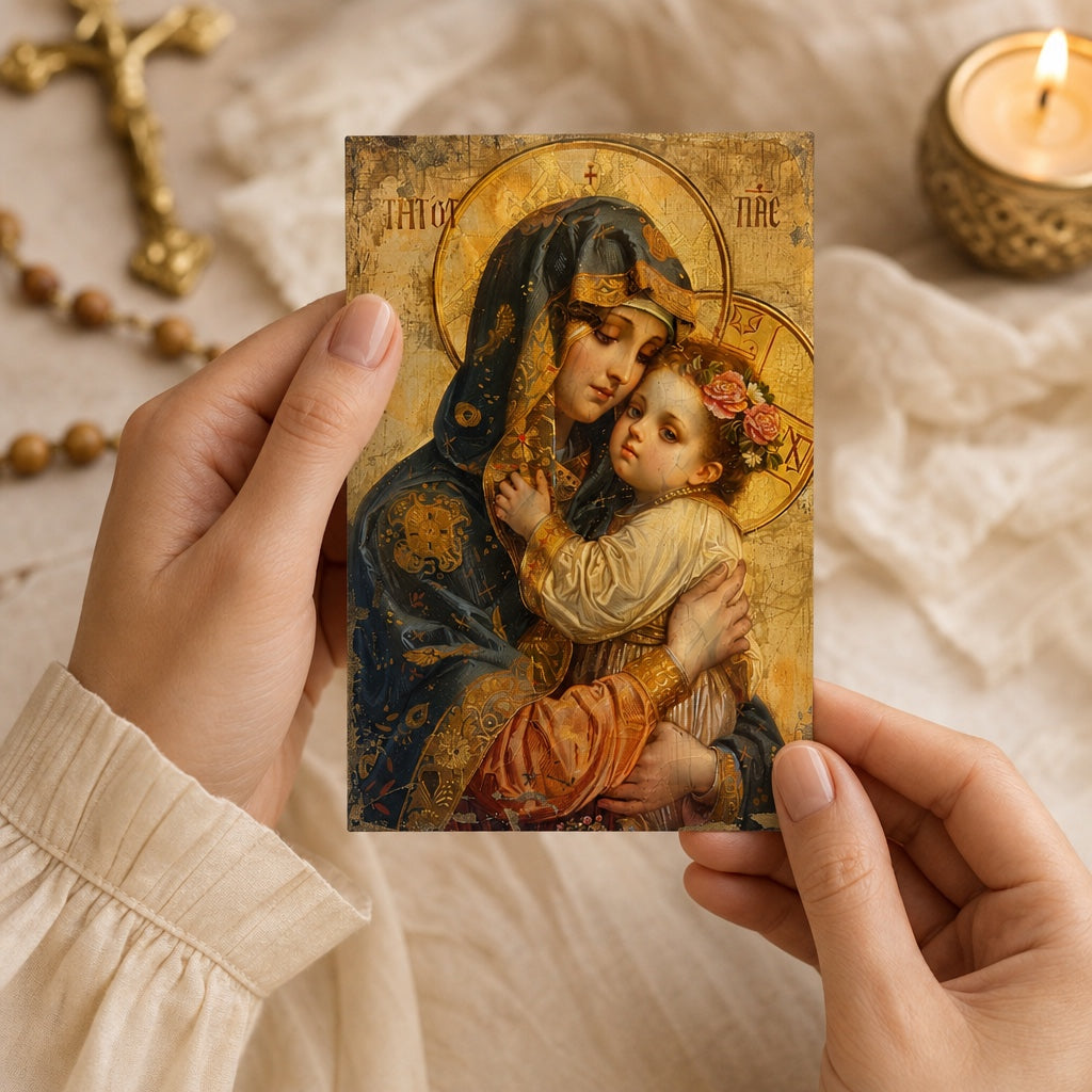 Woman holding Our Lady of Mount Carmel prayer card, pocket-size Catholic holy card