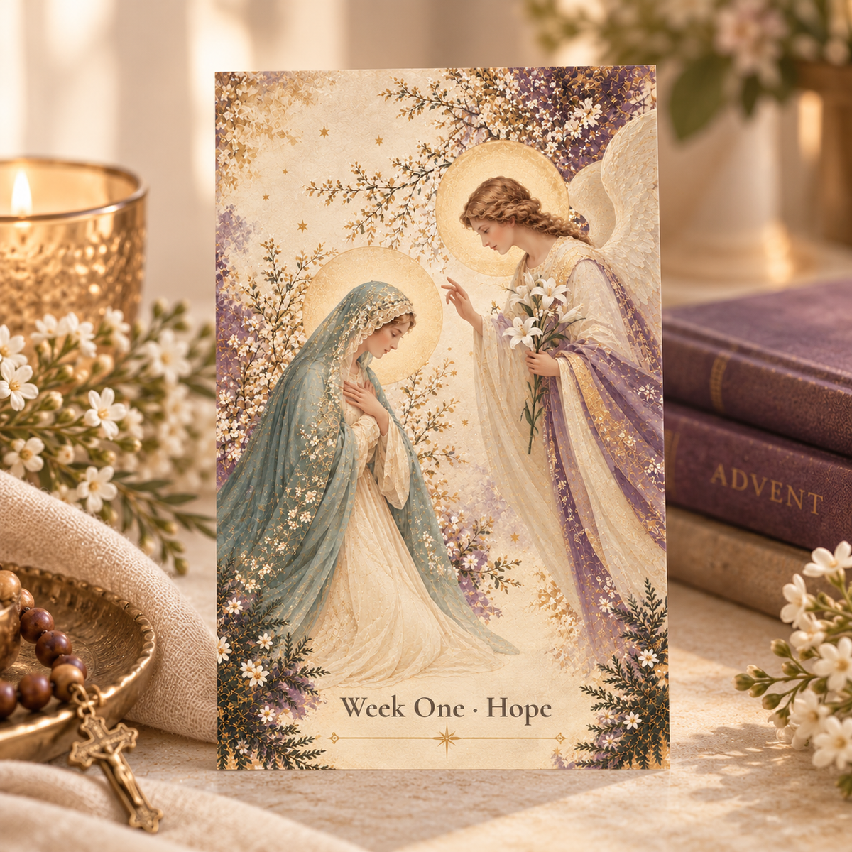 Advent prayer card Week One Hope: the Annunciation, with Mary in a pale blue lace veil and the angel Gabriel with white lilies, beside a candle and Advent books