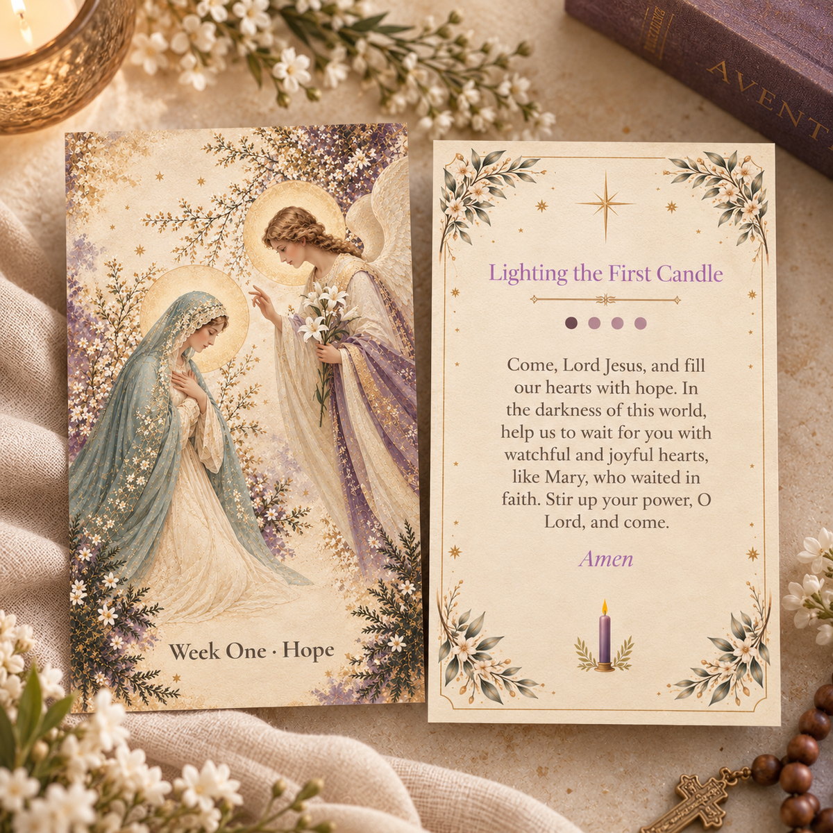 Front and back of the Week One Hope Advent card: the Annunciation and the prayer for lighting the first Advent candle