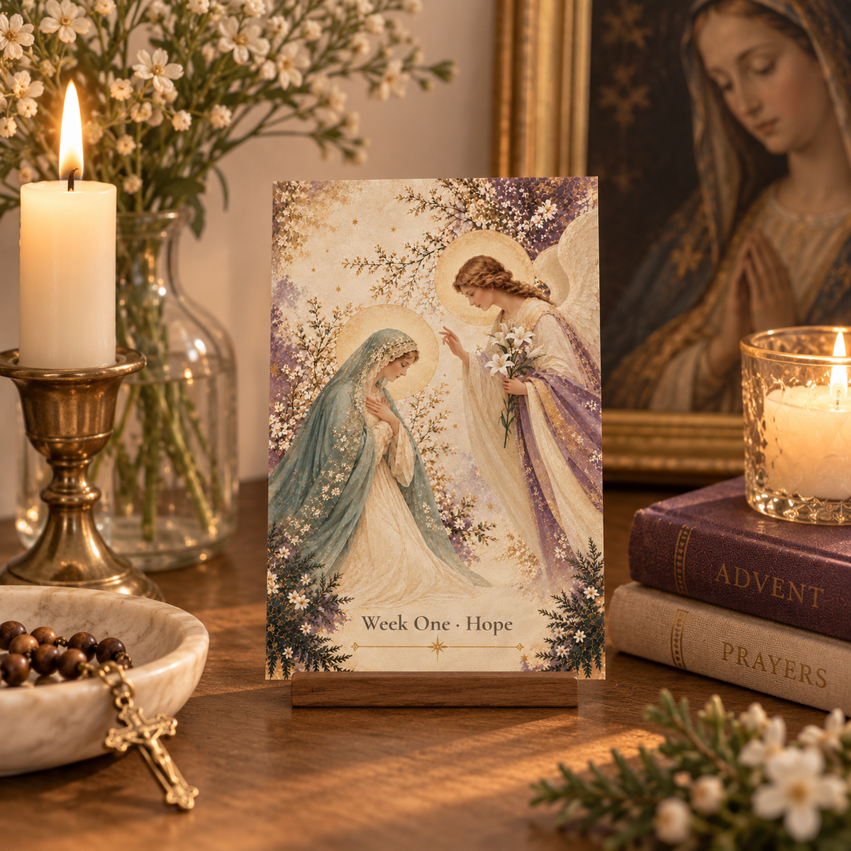 Week One Hope Annunciation prayer card on a wooden stand on a home prayer table with candles and a rosary