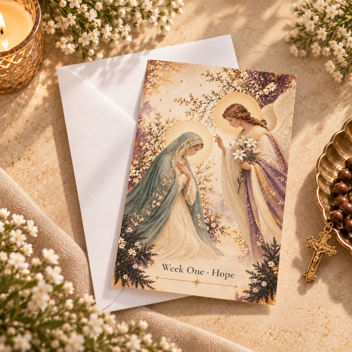 Annunciation Advent prayer card with a white envelope, baby's breath and a rosary