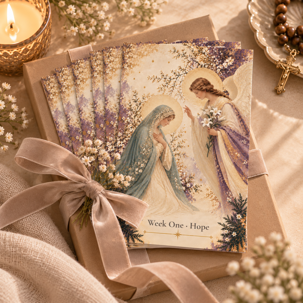 Set of Week One Hope Advent prayer cards on a gift box with a velvet ribbon