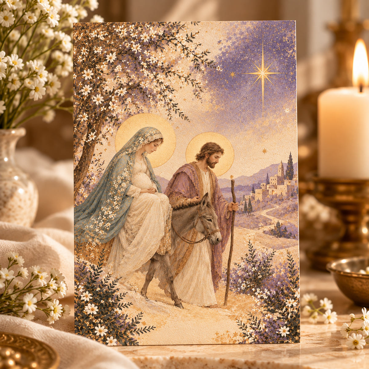 Advent prayer card Week Two Peace: pregnant Mary in a pale blue lace veil on a donkey with St. Joseph on the road to Bethlehem under a golden star, beside a candle and white flowers