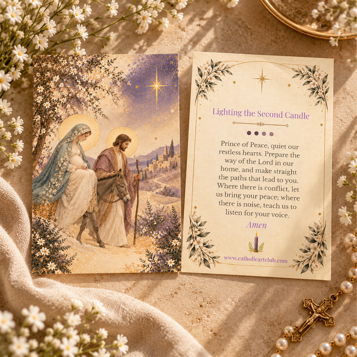 Front and back of the Week Two Peace Advent card: the journey to Bethlehem and the prayer Lighting the Second Candle, with a pearl rosary