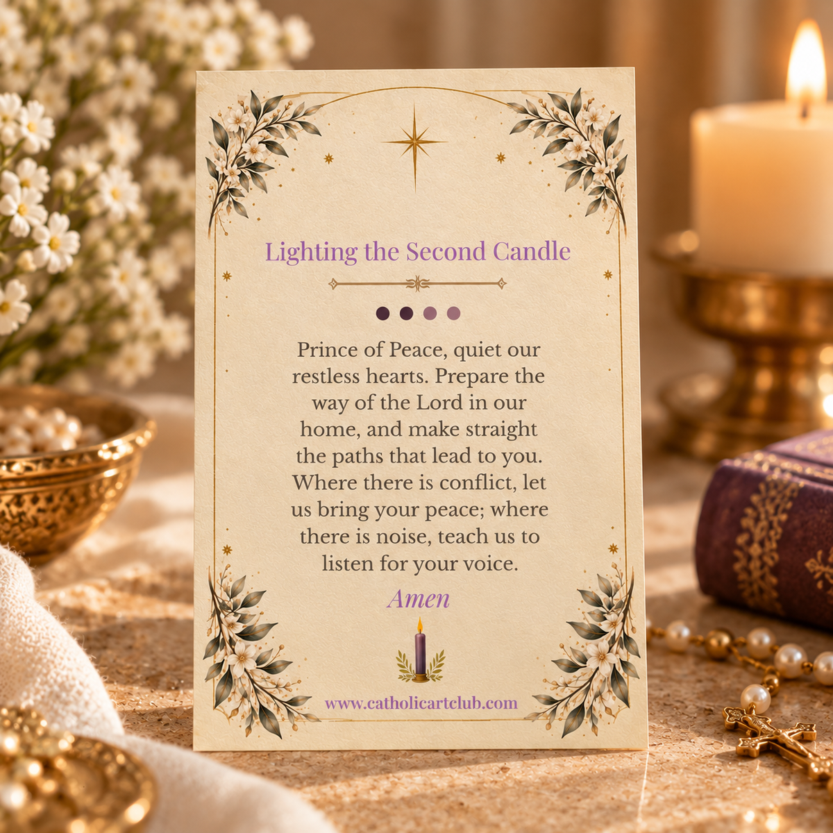 Back of the Advent prayer card with the Prince of Peace prayer for lighting the second Advent candle, beside a candle and pearl rosary