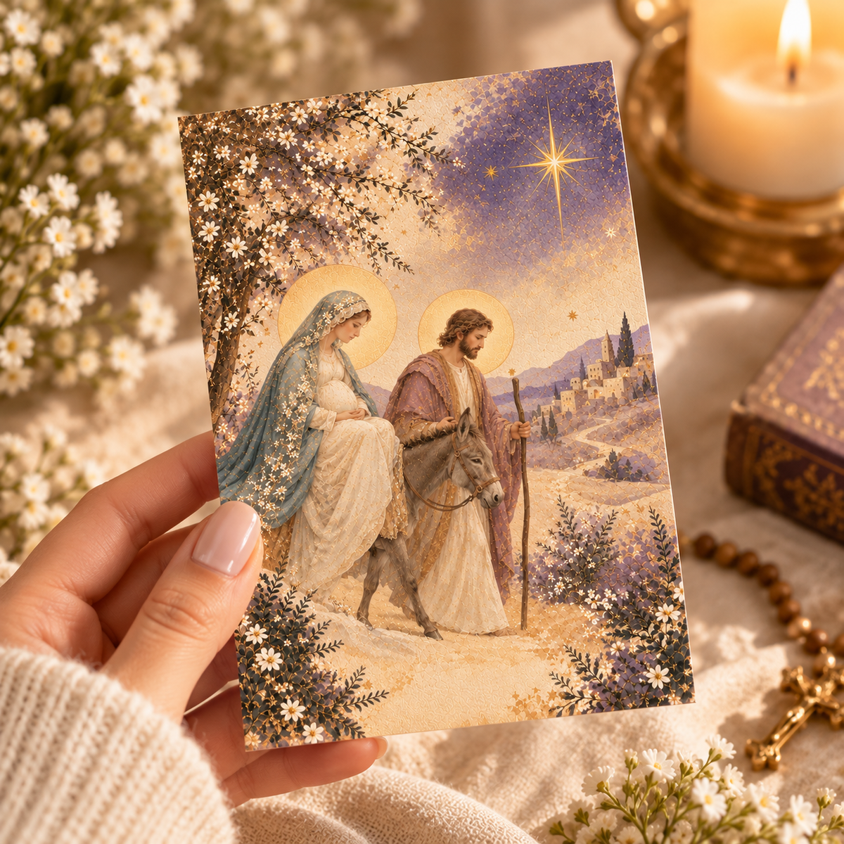 Hand holding a 4x6 Week Two Peace Advent prayer card of Mary and Joseph on the journey to Bethlehem