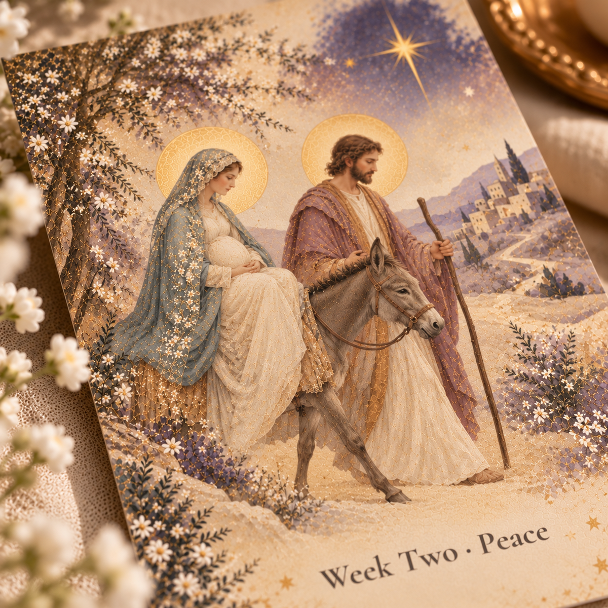 Close-up of the artwork: pregnant Mary on a donkey and St. Joseph in a lilac cloak with his staff, Bethlehem and the star in the distance, in watercolor and gold