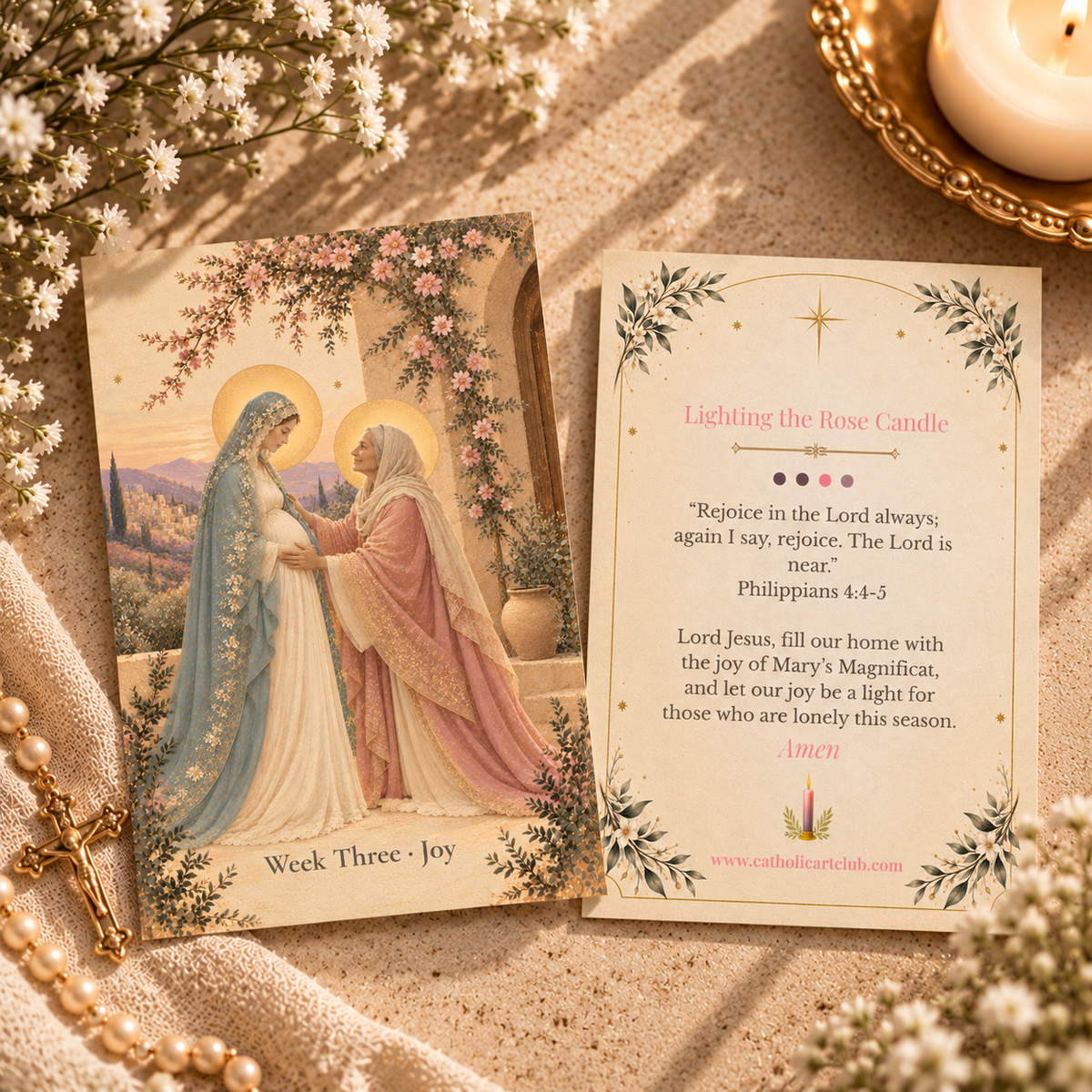 Front and back of the Week Three Joy Advent card: the Visitation and the prayer Lighting the Rose Candle with Philippians 4:4-5