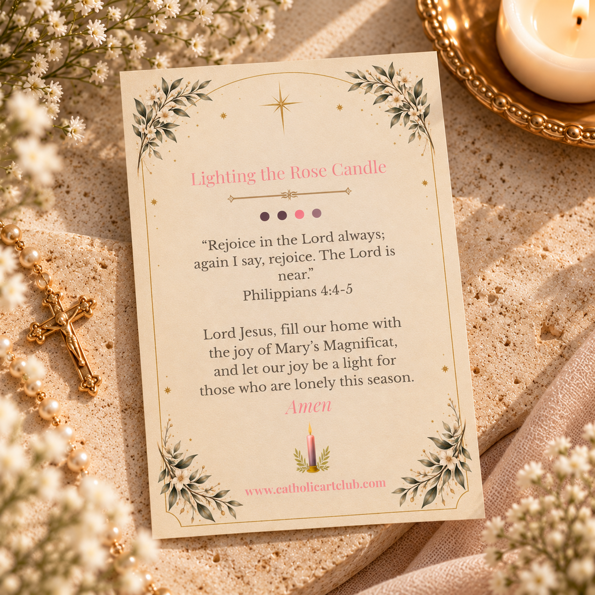 Back of the Gaudete Sunday prayer card with Philippians 4:4-5 and a prayer for lighting the rose Advent candle, beside a pearl rosary
