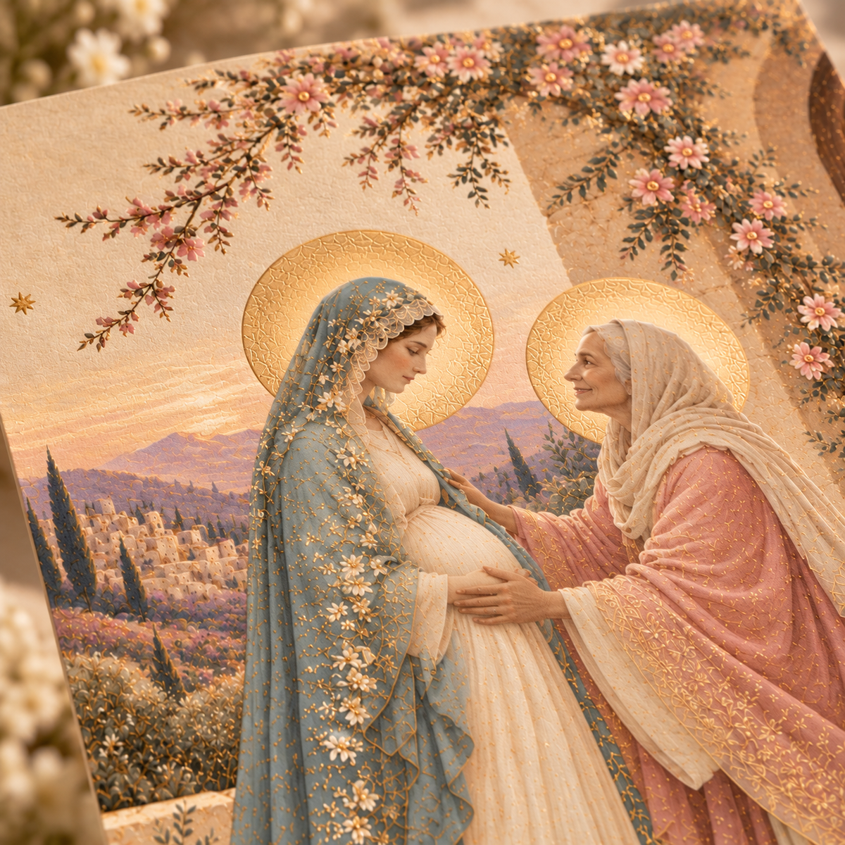 Close-up of the Visitation artwork: Elizabeth with gray hair and a joyful smile touching Mary's womb, gold halos and pink blossoms in watercolor
