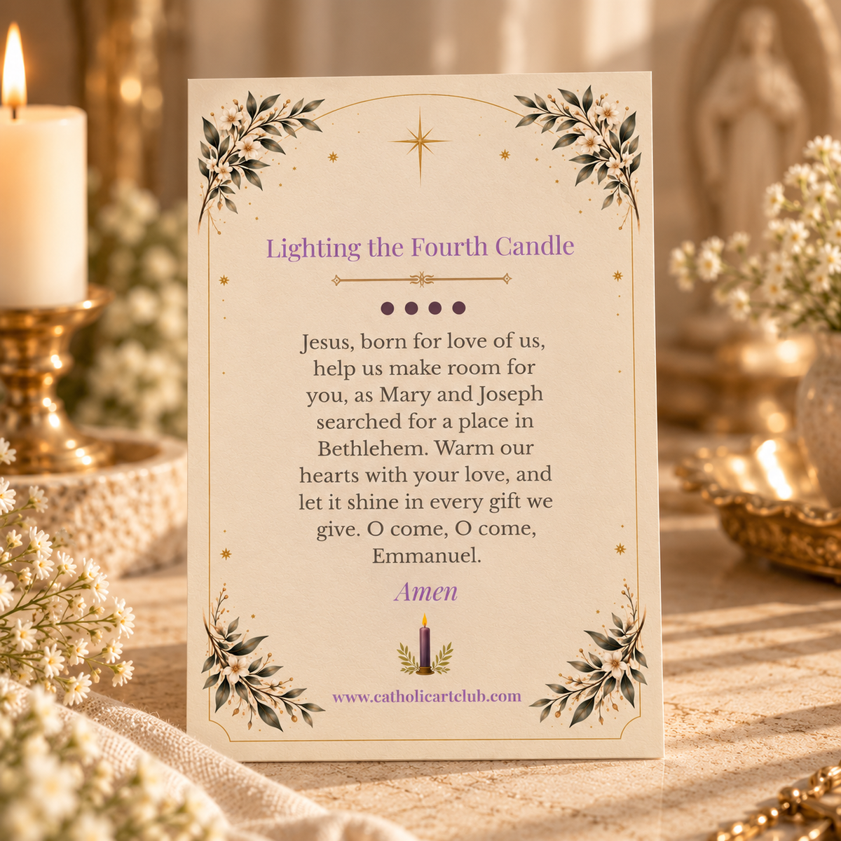 Back of the Advent prayer card with the prayer Lighting the Fourth Candle, ending O come, O come, Emmanuel, beside a candle and Marian statue