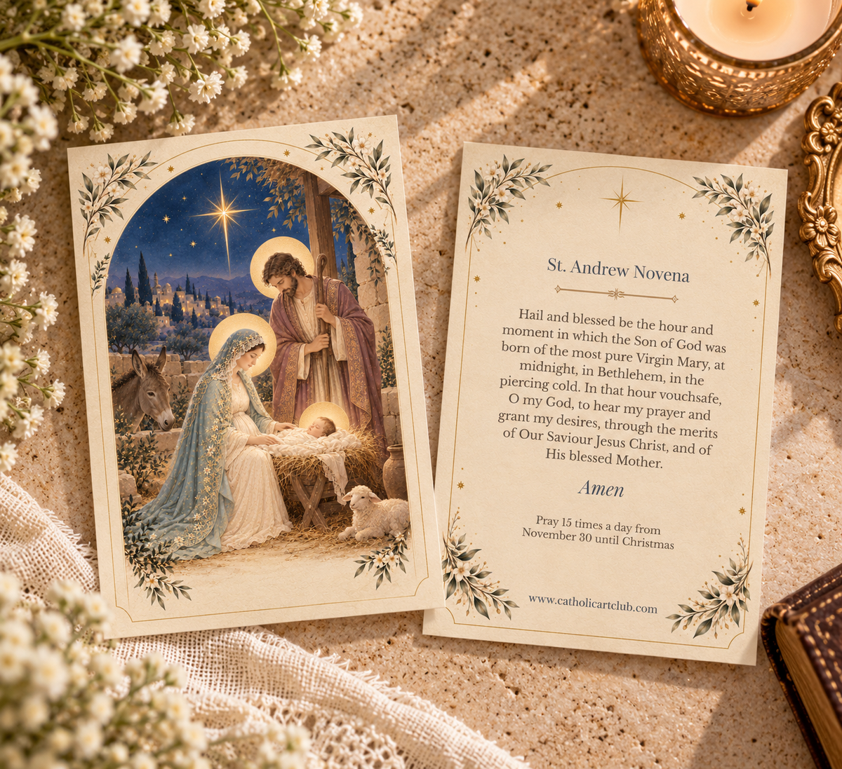 Front and back of the St. Andrew Novena card: the Nativity at midnight and the full novena prayer, Pray 15 times a day from November 30 until Christmas