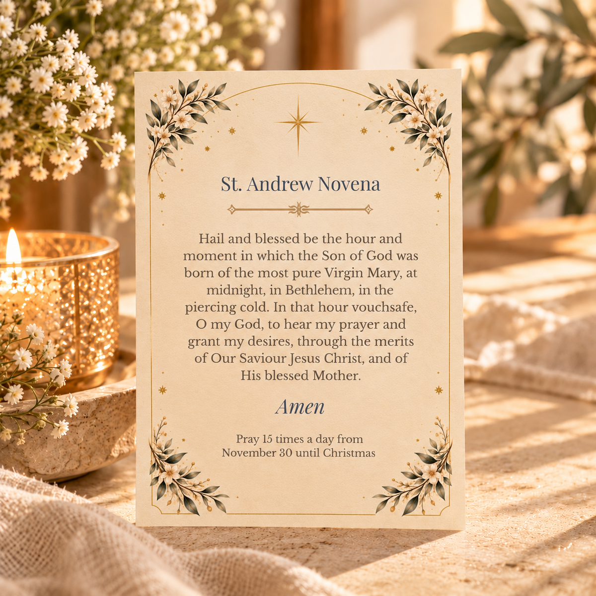 Back of the St. Andrew Christmas Novena card with the full prayer Hail and blessed be the hour and moment, beside a candle