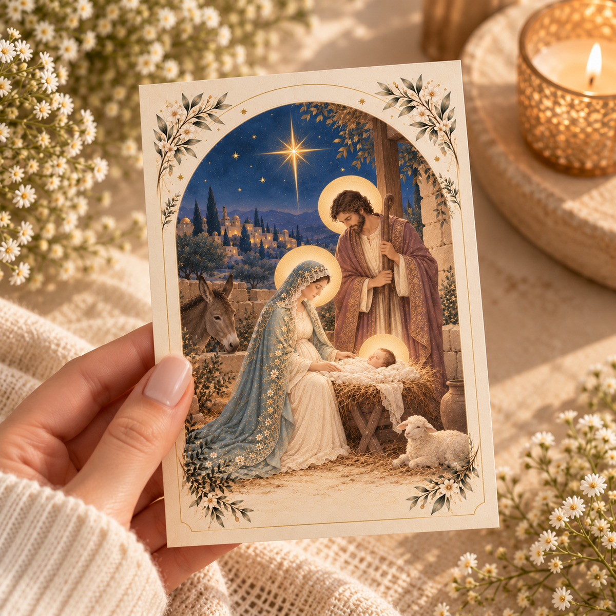 Hand holding a 4x6 St. Andrew Christmas Novena prayer card of the Nativity by candlelight