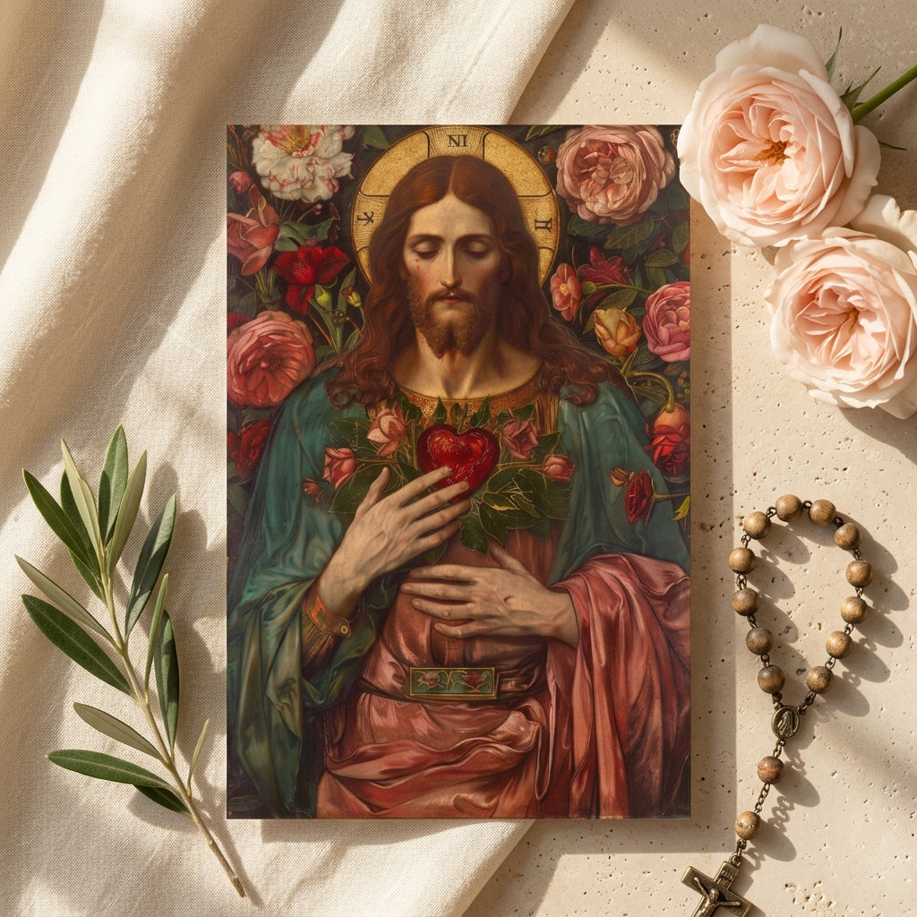 Sacred Heart of Jesus prayer card surrounded by roses with rosary and olive branc