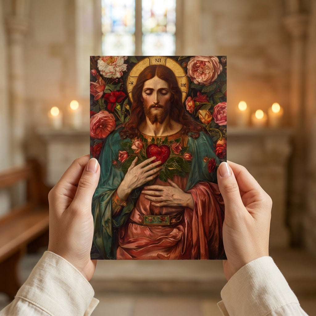 Hands holding Sacred Heart of Jesus prayer card inside a church with candlelight