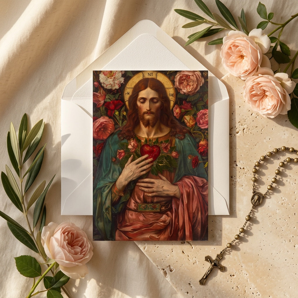 Sacred Heart of Jesus prayer card with envelope, roses, and rosary