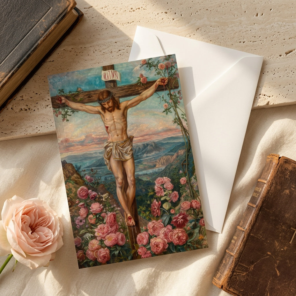 Crucifixion of Jesus prayer card with envelope, rose, and antique Bible