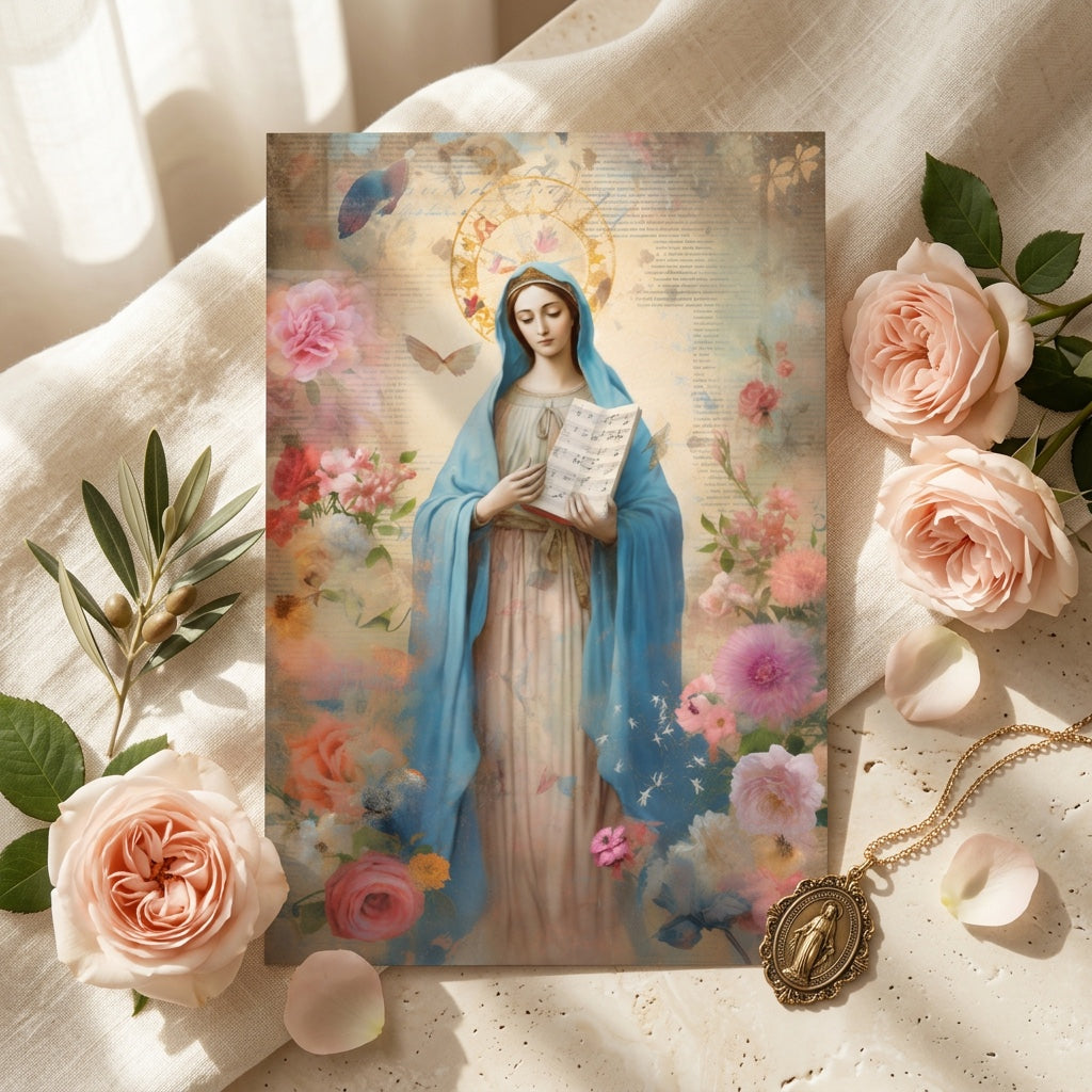 Our Lady of Hope prayer card with roses, butterflies, and miraculous medal