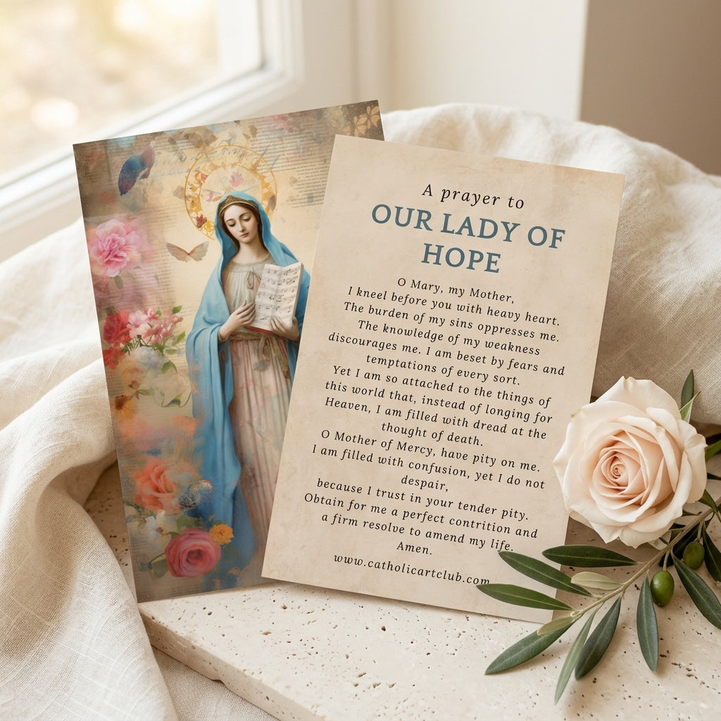 Our Lady of Hope prayer card front and back with prayer for hope and mercy