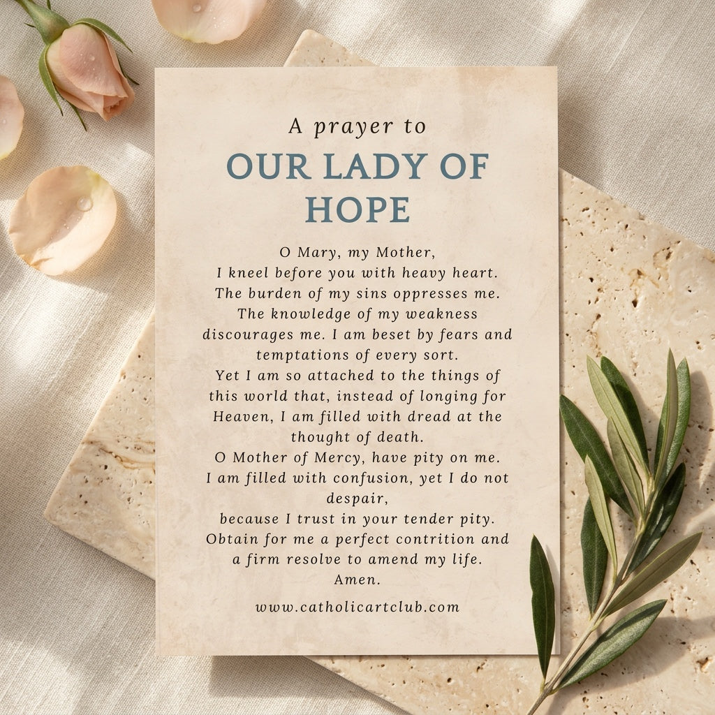 Prayer to Our Lady of Hope for contrition and trust printed on cream card