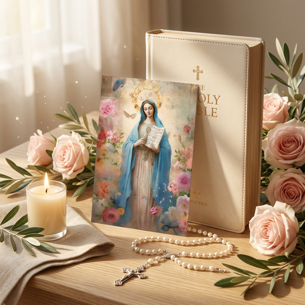 Our Lady of Hope prayer card with rosary, Bible, and candle for daily devotion