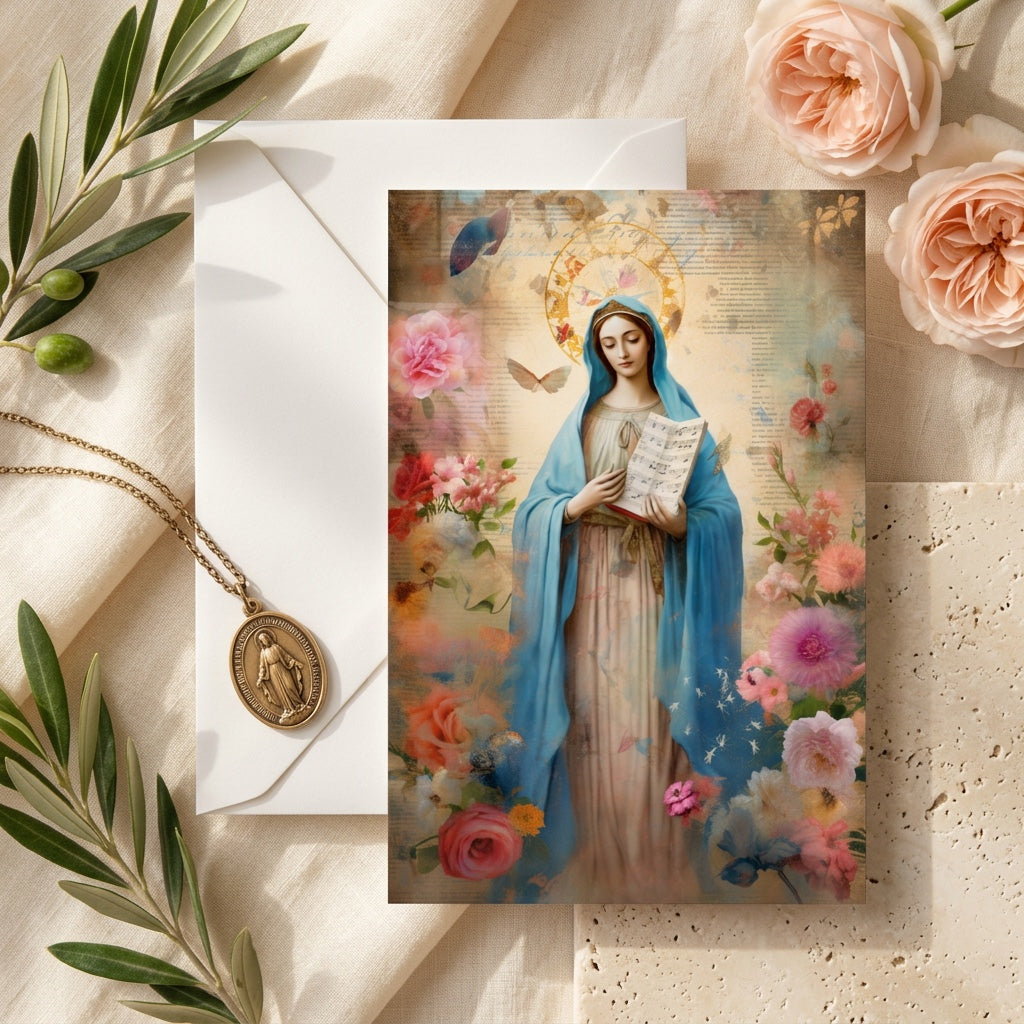 Our Lady of Hope prayer card with envelope, miraculous medal, and pink roses