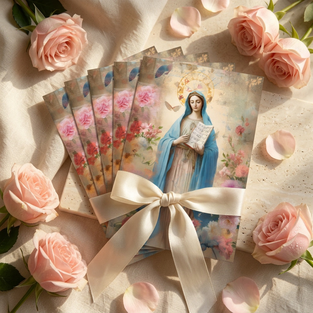 Bundle of Our Lady of Hope prayer cards tied with ribbon among pink roses
