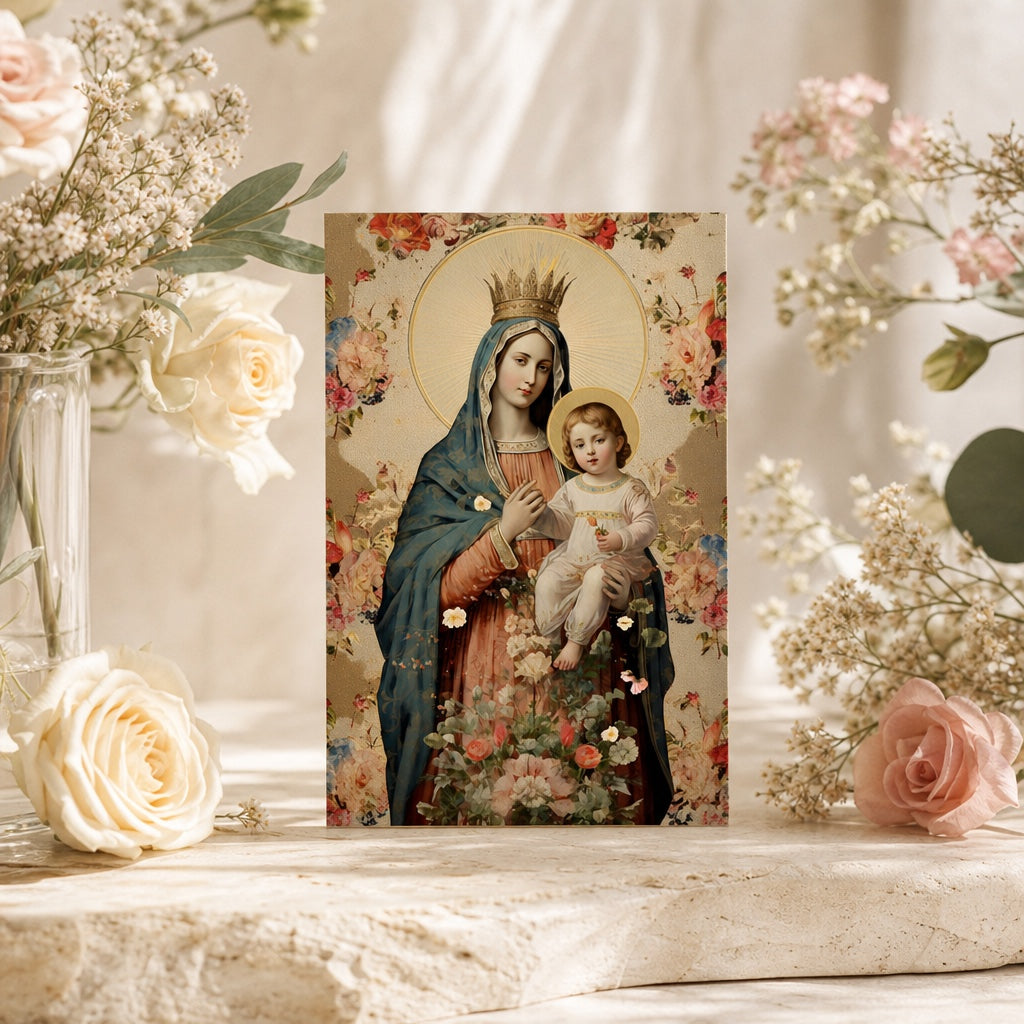 Our Lady of Consolation prayer card with Mary and Child among roses