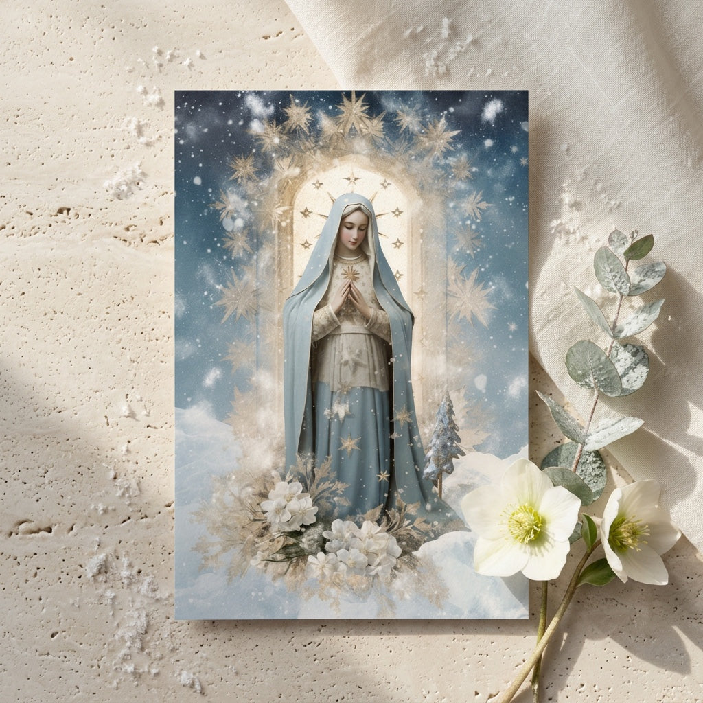 Our Lady of the Snows prayer card in winter setting with eucalyptus and hellebore flowers