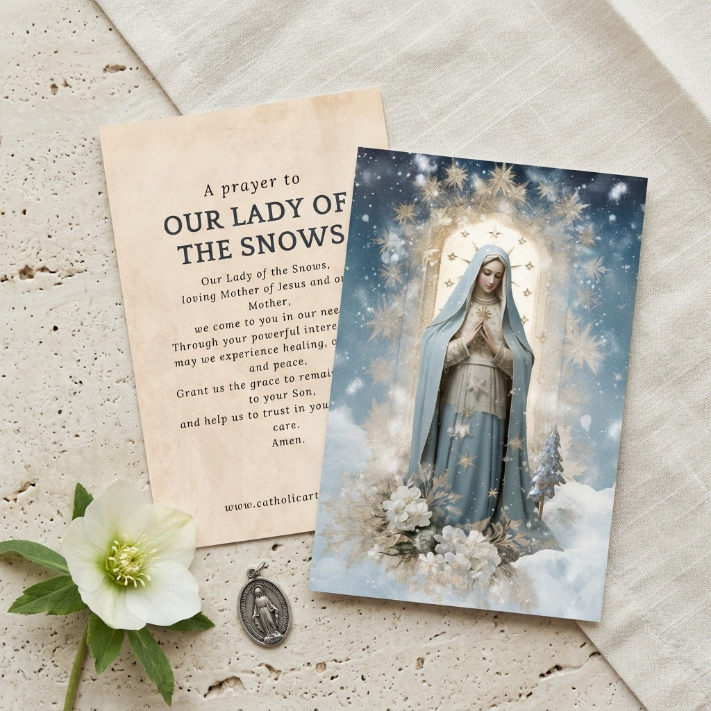 Our Lady of the Snows prayer card front and back with healing and peace prayer