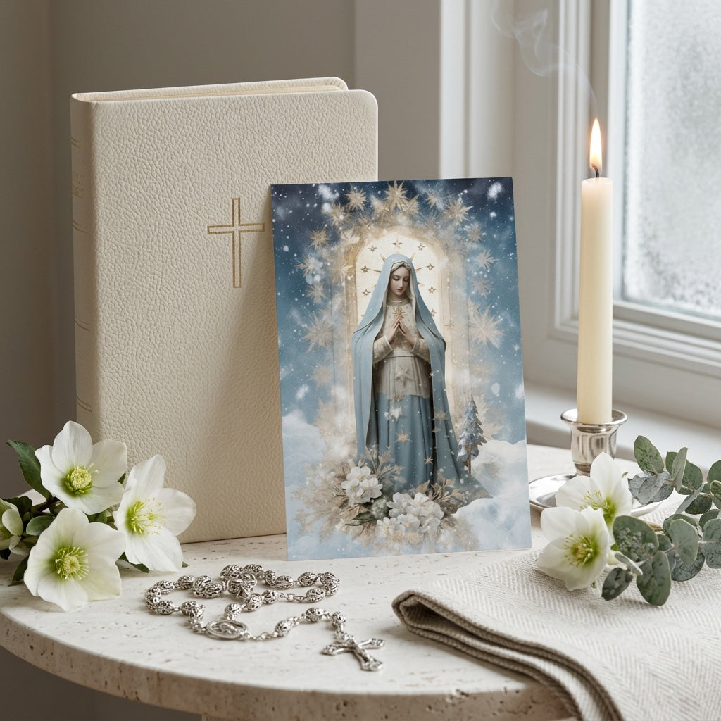 Our Lady of the Snows prayer card with rosary, Bible, and candle for devotion