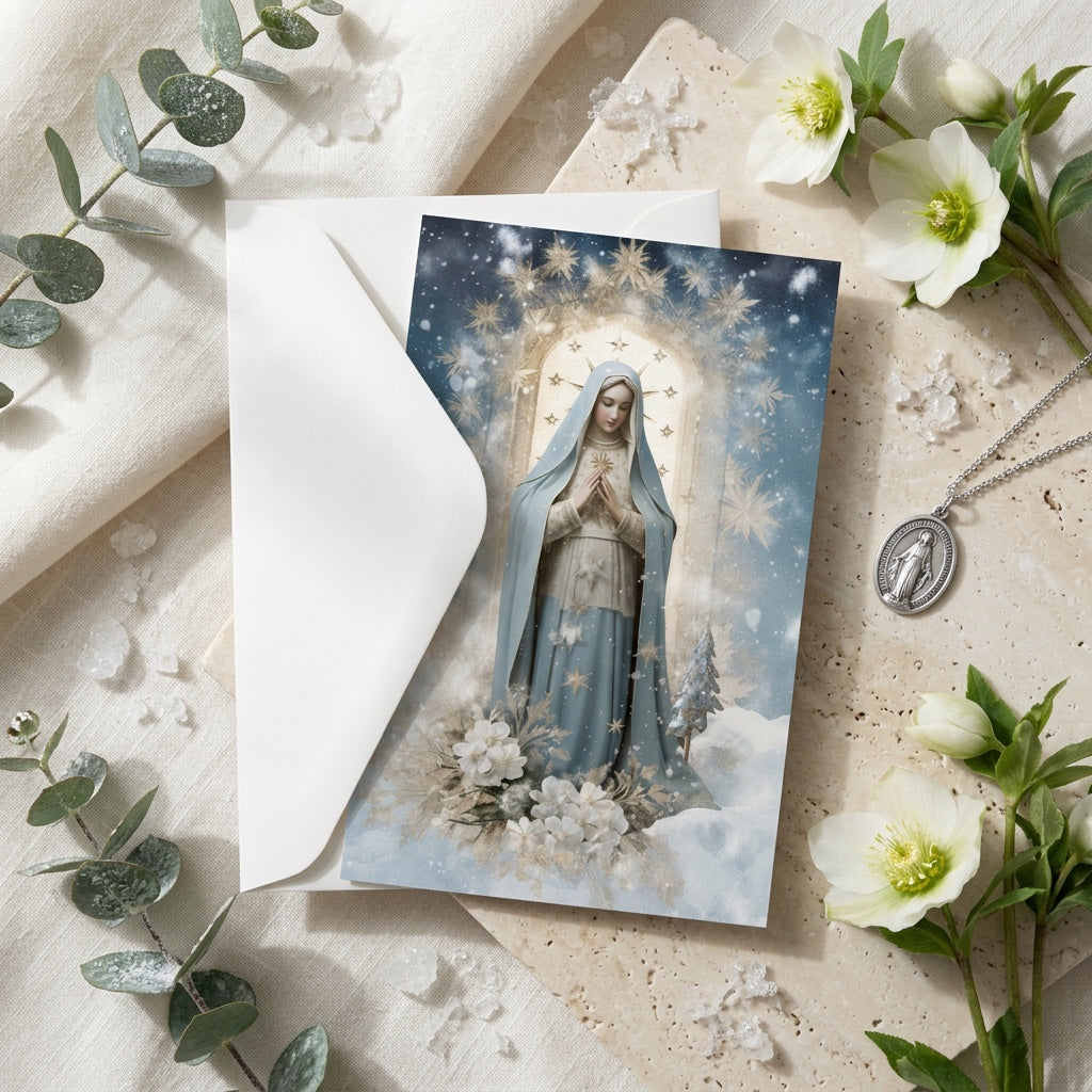 Our Lady of the Snows prayer card with envelope, eucalyptus, and miraculous medal