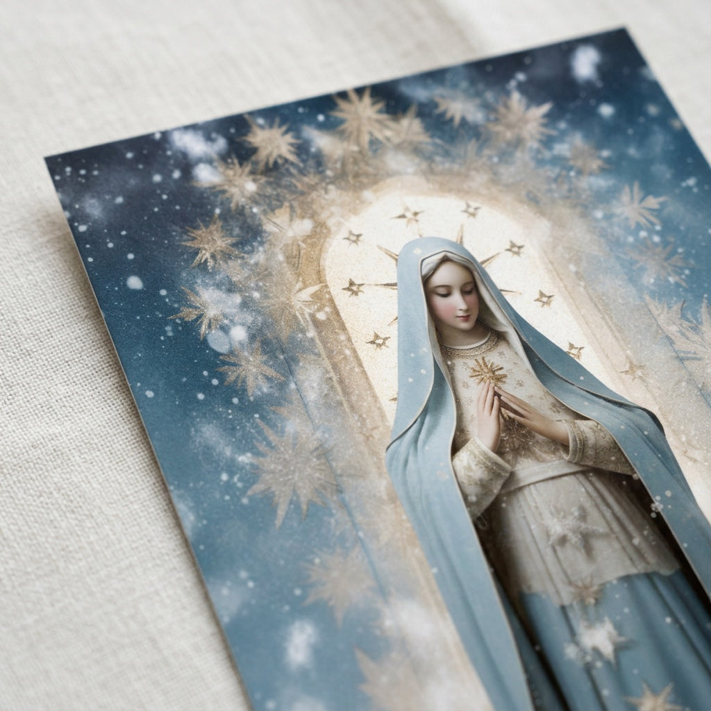 Close-up detail of Our Lady of the Snows artwork with stars and snowfall