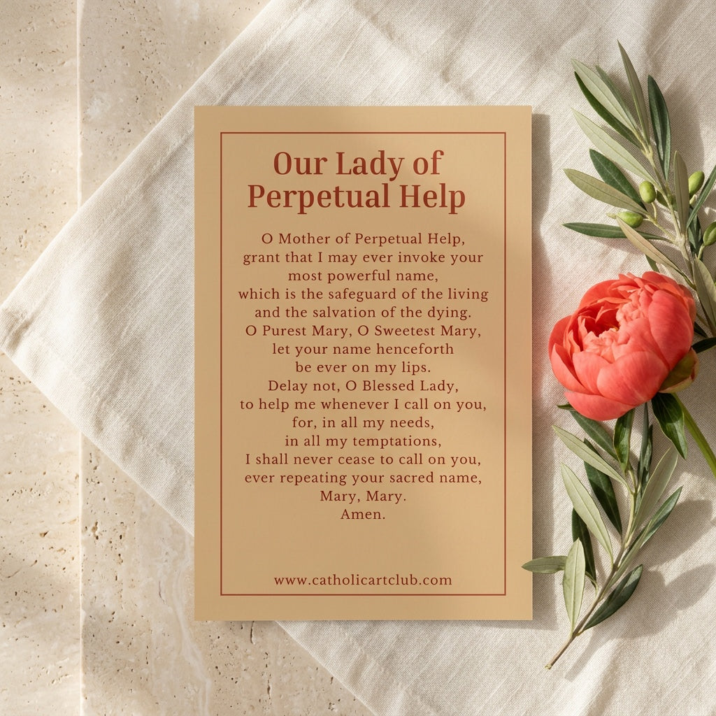 Prayer to Our Lady of Perpetual Help invoking her powerful name printed on card