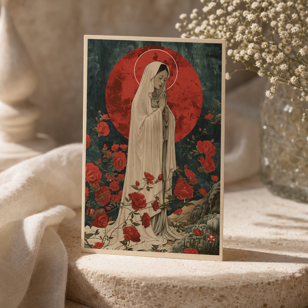 Our Lady of Lourdes prayer card, illustrated Virgin Mary with red roses and halo