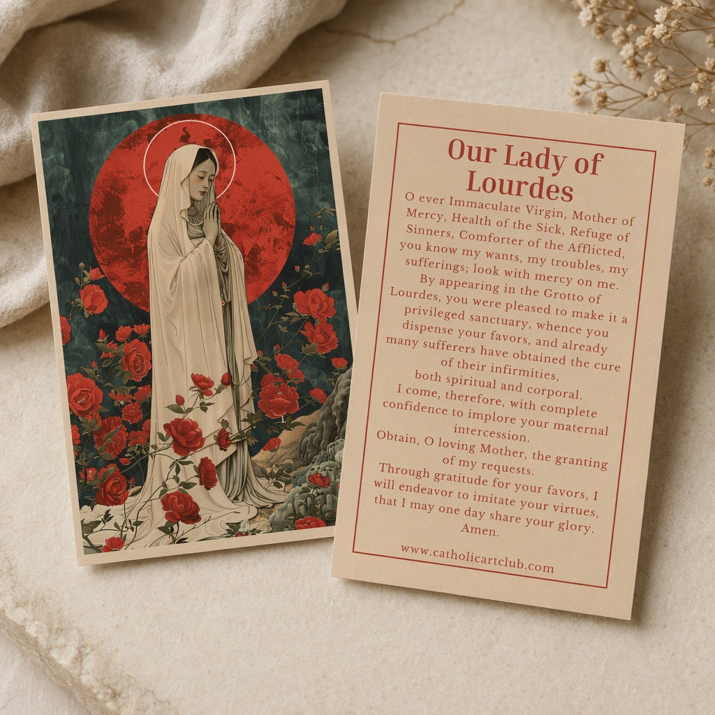 Our Lady of Lourdes prayer card front and back with printed Lourdes prayer